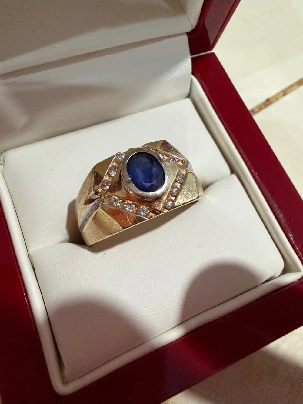 14k solid Gold Men's Ring with Natural Blue Sapphire Center Natural Diamond 1